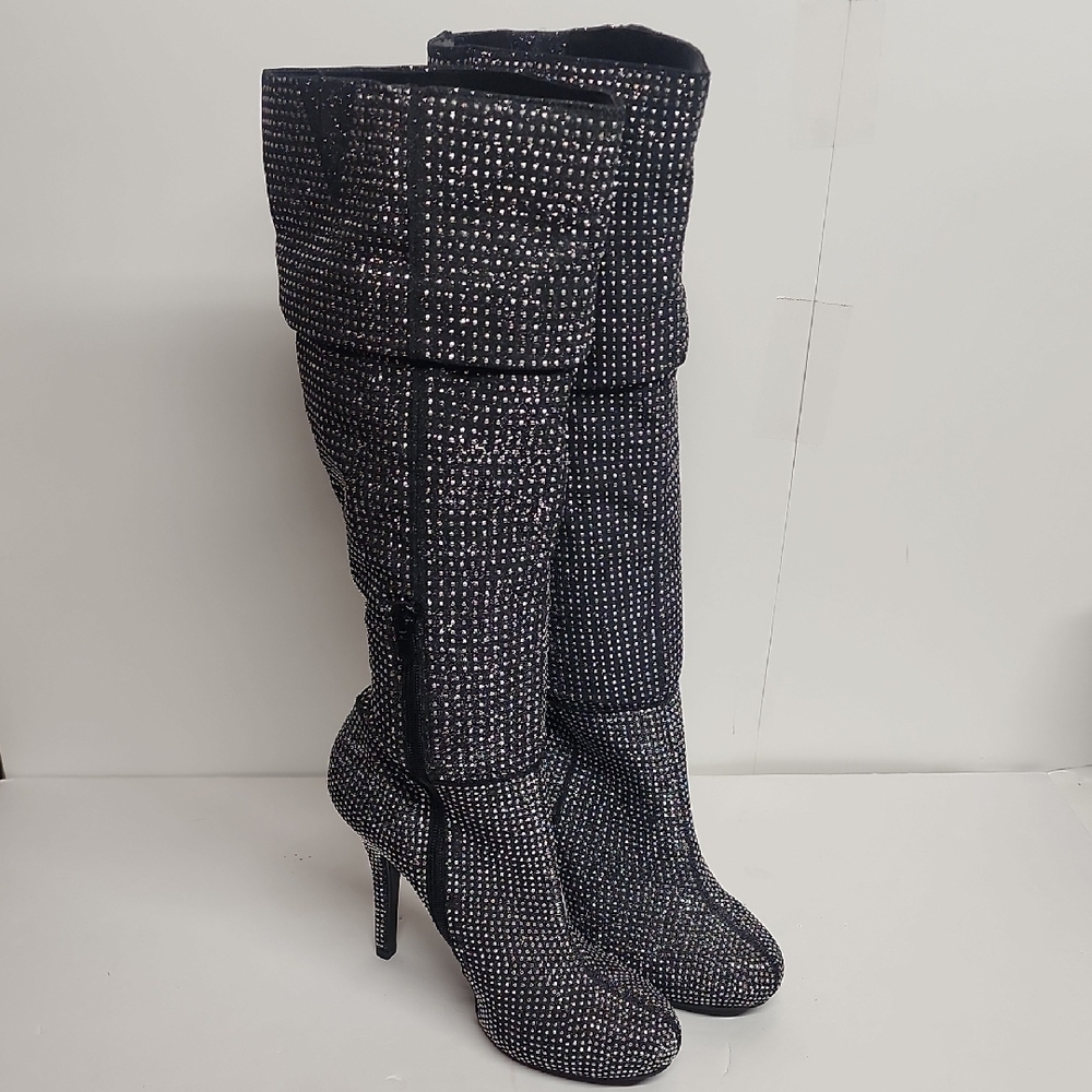 Andiamo black & silver boots 5" heels Stretch Calf Size 8.5 SPARKLY Sexy Wow
